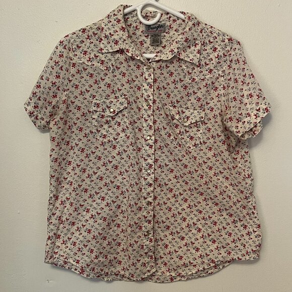 Wrangler Blouse Short Sleeve Button-Up White with Red Flowers Size XL - Picture 1 of 3